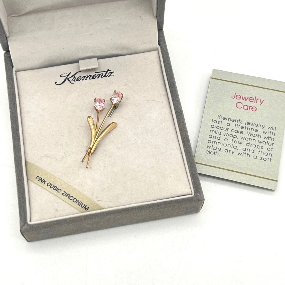 Krementz 14k Gold Overlay Pink Cubic Zirconia Flower Floral‎ Brooch Pin 4809PZ
